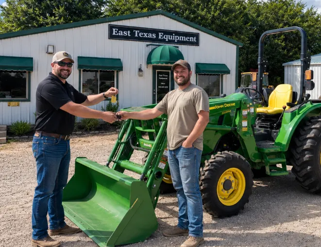 Closing the deal with a handshake on a John Deere tractor at East Texas Equipment